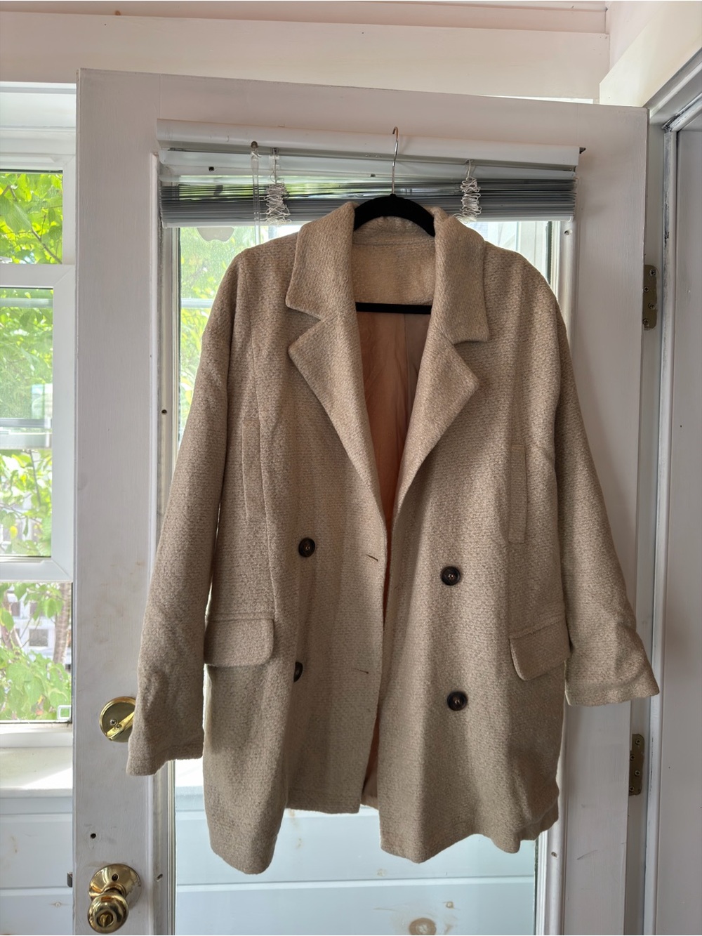 Womens Cream Double-Breasted Wool-Blend Coat